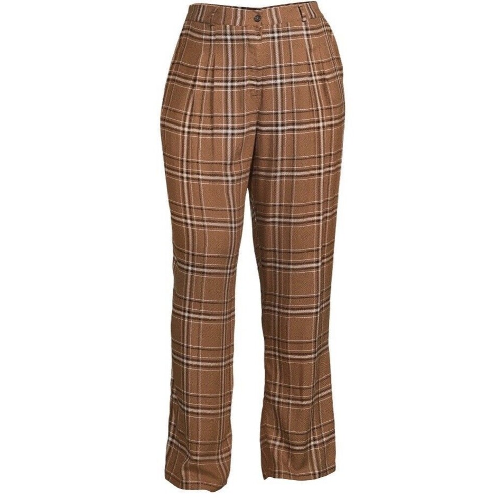 NWT Pants Trouser M Brown Plaid High Rise 28"W Rayon Comfort Grunge Academia